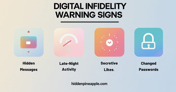 Infographic displaying common warning signs of digital infidelity on social media