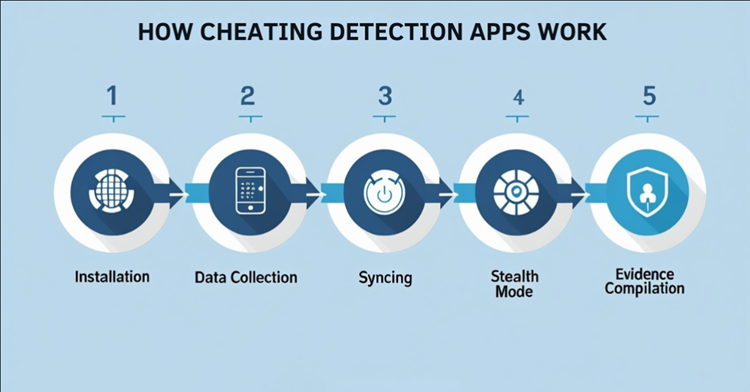 Infographic showing 5 steps of how cheating detection apps work - installation, data collection, syncing, stealth mode, and evidence compilation