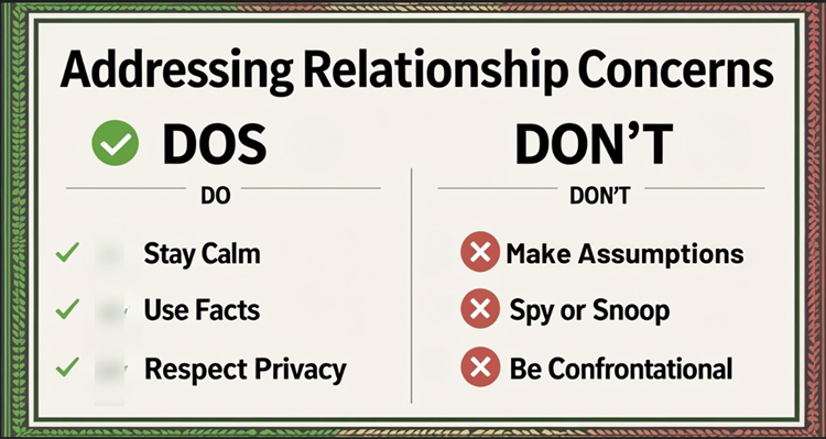 Infographic showing dos and don'ts of addressing relationship concerns, with green checkmarks and red X marks