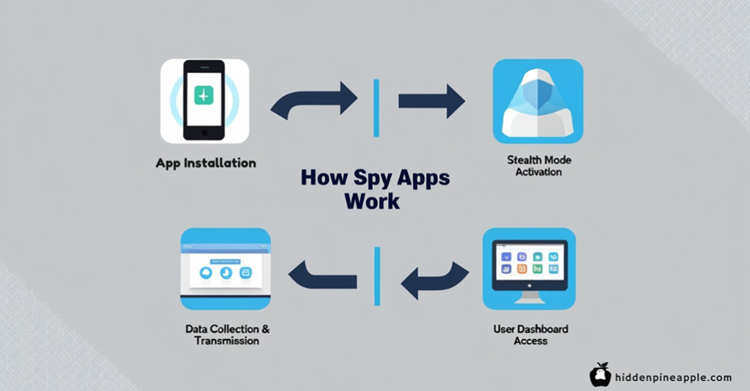 Infographic showing four steps of how spy apps work - installation, stealth mode, data collection, and dashboard access