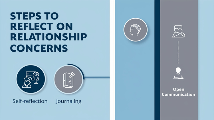 Infographic showing steps to reflect on relationship concerns - self-reflection, journaling, and open communication