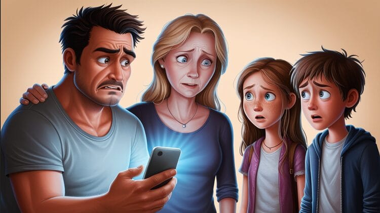 Parents and teenagers looking concerned while viewing a smartphone together