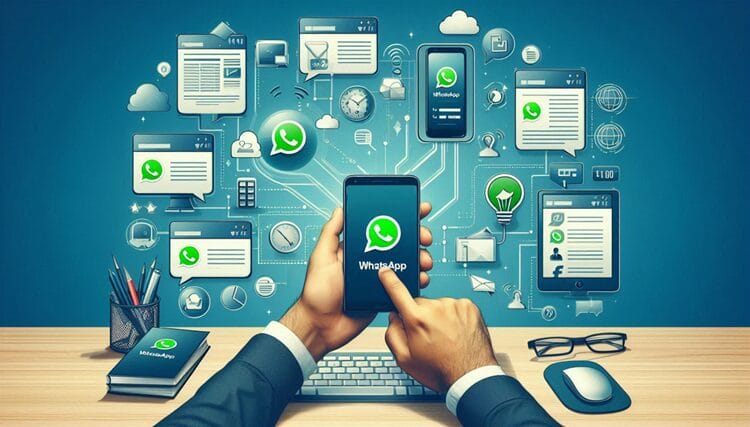 Person efficiently managing WhatsApp across multiple devices on a desk