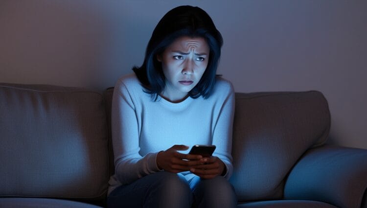 Person sitting alone on a couch, looking worried while checking their phone in a dimly lit room