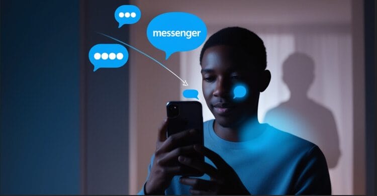 Person using smartphone in a dimly lit room with Facebook Messenger chat bubbles visible, and a faint silhouette in the background