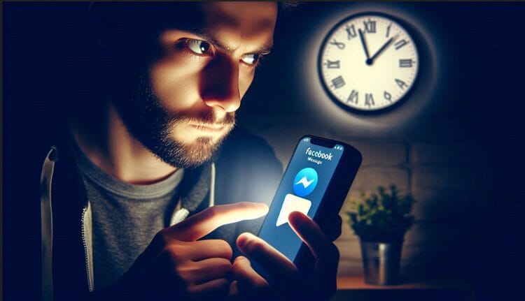 Person using smartphone with Facebook Messenger at night, looking suspicious