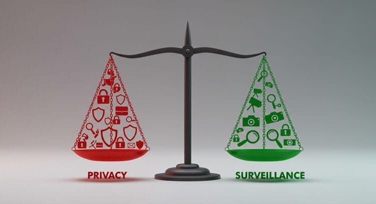 Scale balancing privacy and surveillance icons, representing the ethical dilemma of using spy apps