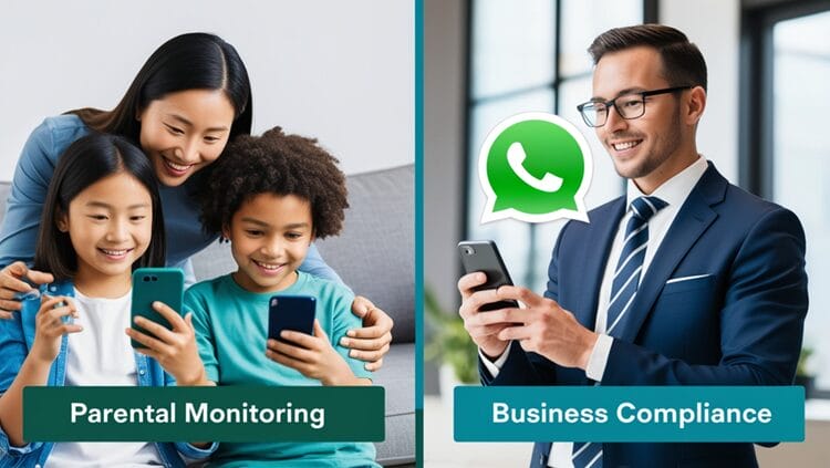 Split-screen image comparing parental WhatsApp monitoring and business compliance use of WhatsApp