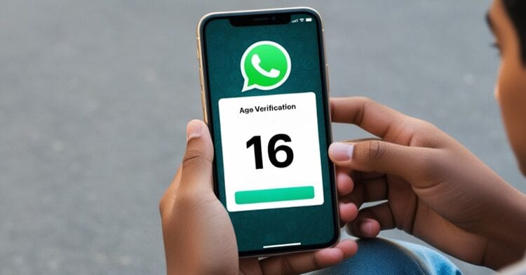 Teenager looking at a smartphone displaying an age verification prompt for WhatsApp, with the number 16 overlaid